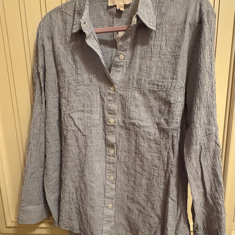 Michael Kors Blue and White Striped Button Down Shirt